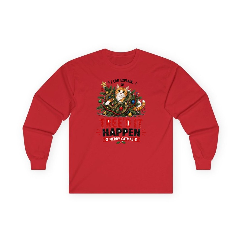 Tree'd It Happen personalised long sleeve Christmas T-shirt in red