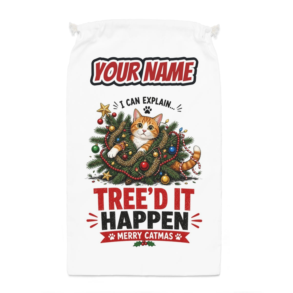 Tree'd It Happen Santa sack laid flat, showing the full print