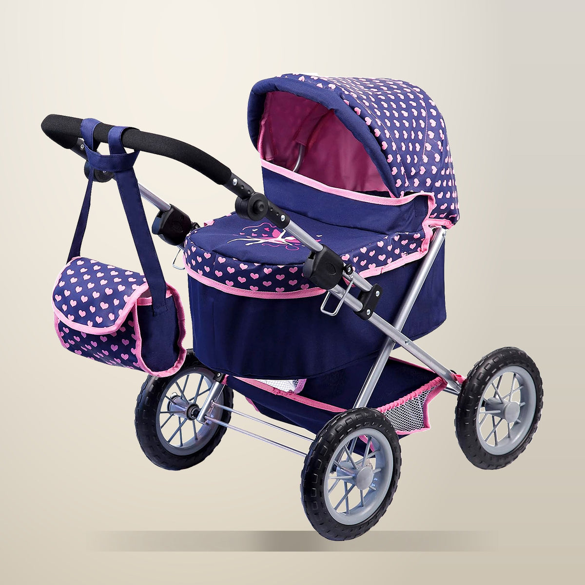 VIKUS Foldable Dolls Pram, Height Adjustable Handle, on a plain cream background