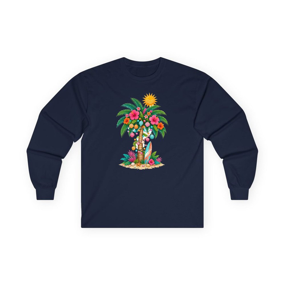 Tropical Aussie Christmas Palm personalised long sleeve Christmas T-shirt in navy