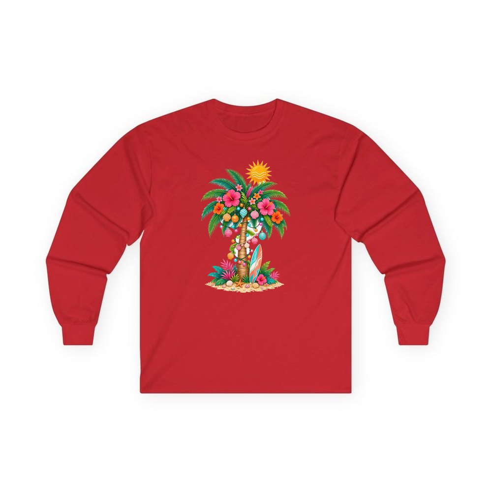 Tropical Aussie Christmas Palm personalised long sleeve Christmas T-shirt in red