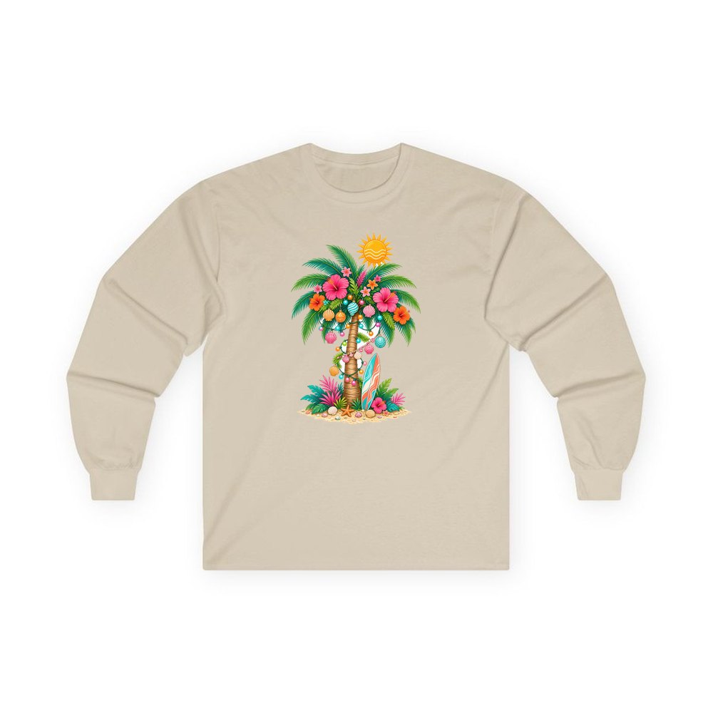 Tropical Aussie Christmas Palm personalised long sleeve Christmas T-shirt in sand