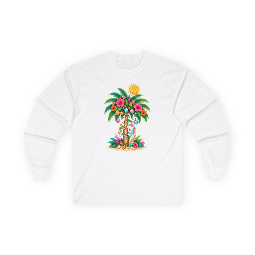 Tropical Aussie Christmas Palm personalised long sleeve Christmas T-shirt in white