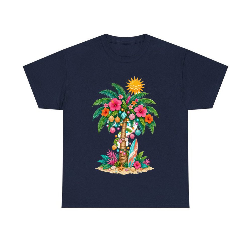 Tropical Aussie Christmas Palm personalised Christmas T-shirt in navy