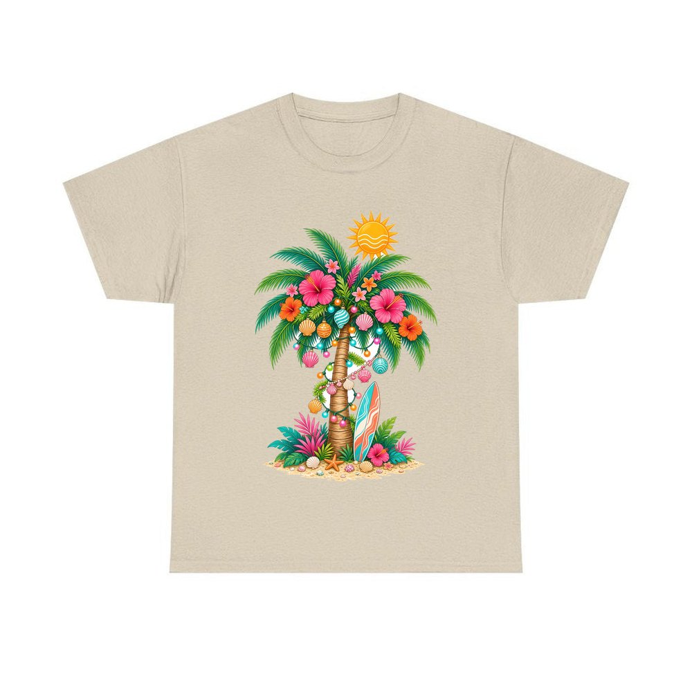 Tropical Aussie Christmas Palm personalised Christmas T-shirt in sand