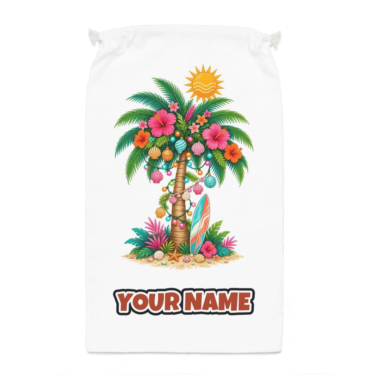Tropical Aussie Christmas Palm Santa sack laid flat, showing the full print