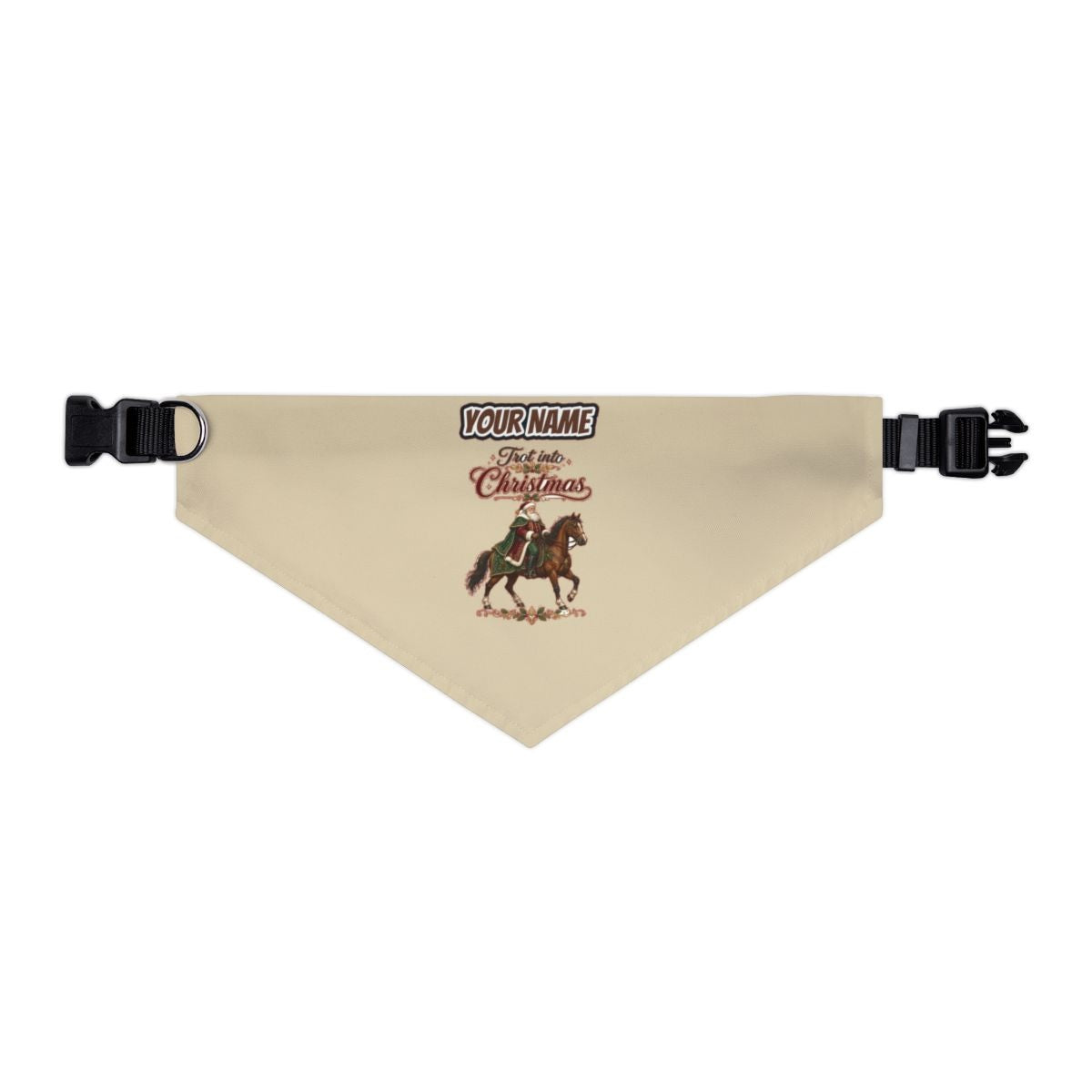 Trot Into Christmas personalised Christmas pet bandana in beige, collar with buckle