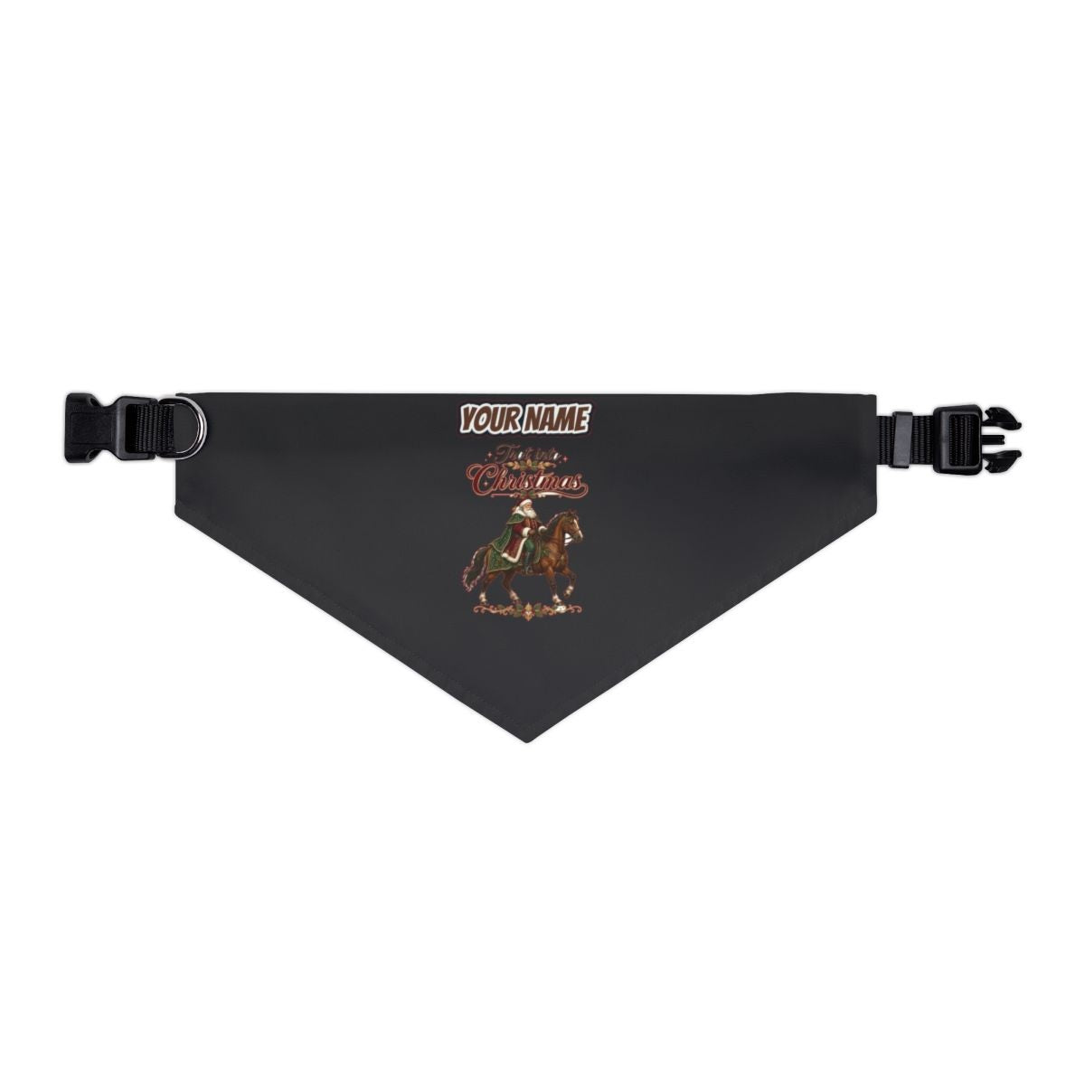 Trot Into Christmas personalised Christmas pet bandana in black, collar with buckle