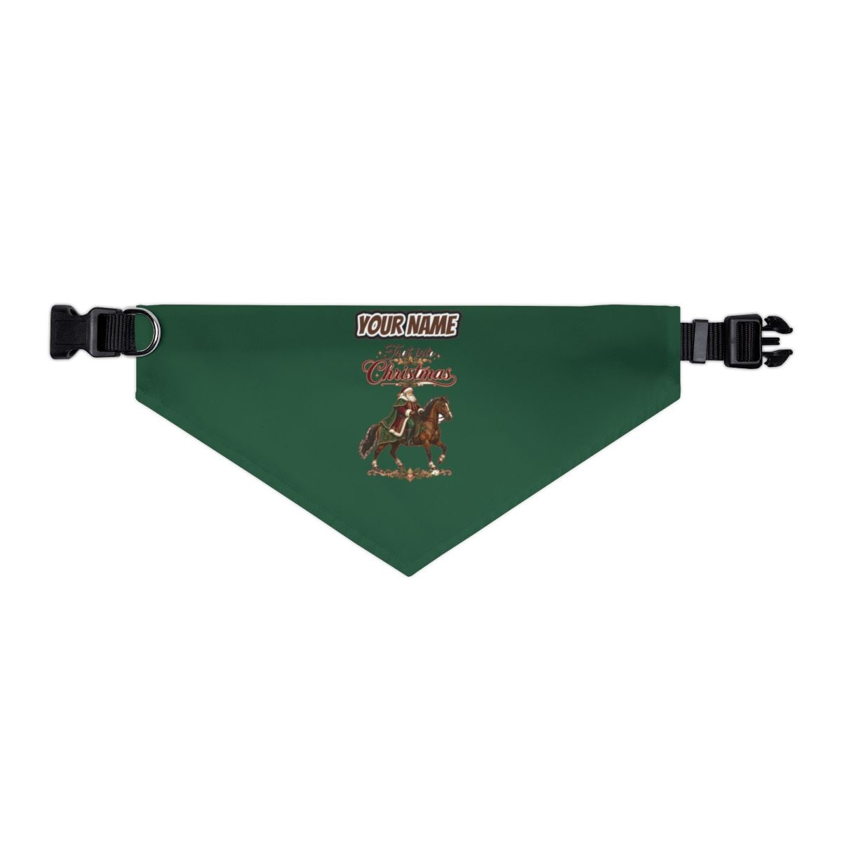 Trot Into Christmas personalised Christmas pet bandana in green, collar with buckle