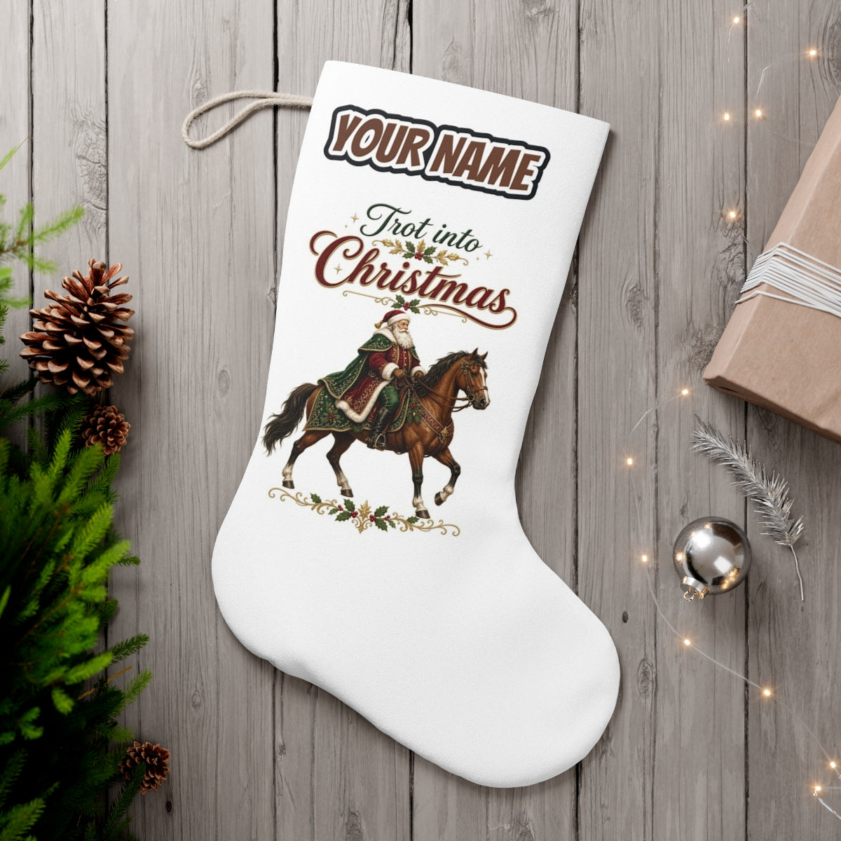 Trot Into Christmas personalised Christmas stocking, white, with the name across the top