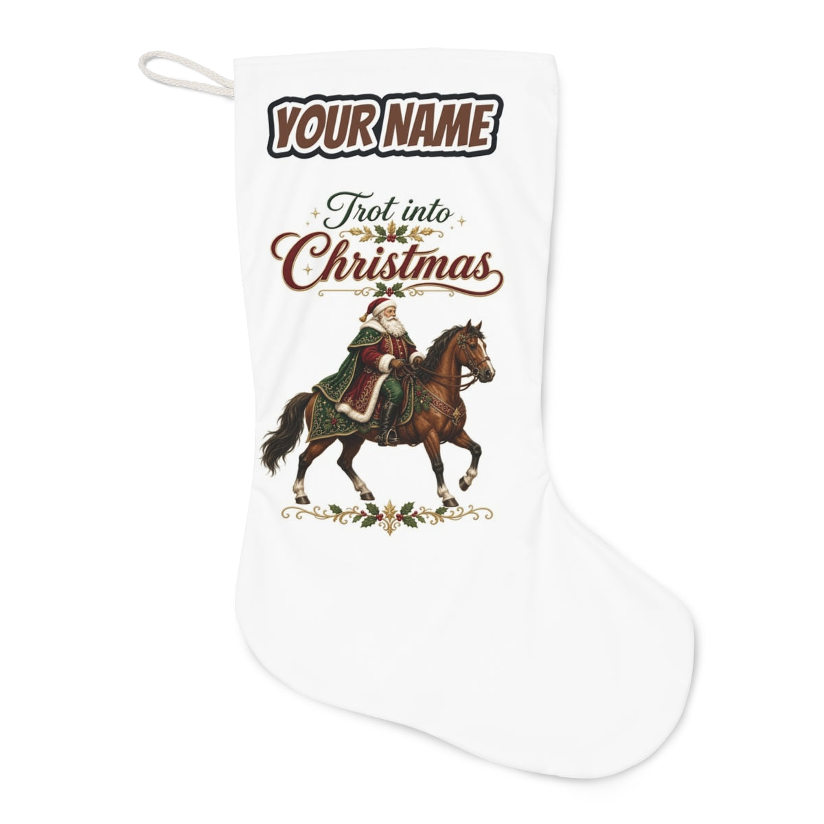 Trot Into Christmas Christmas stocking laid flat, showing the full print