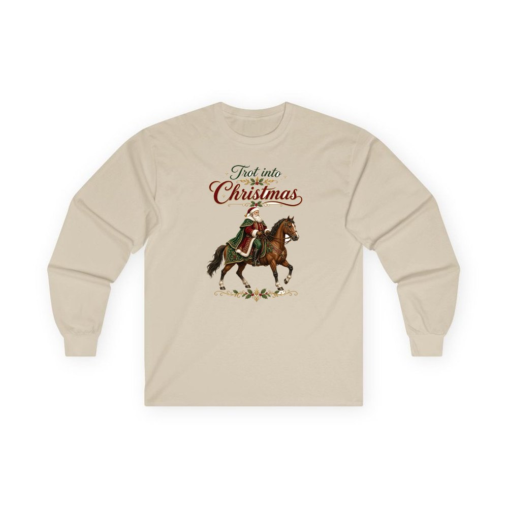 Trot Into Christmas personalised long sleeve Christmas T-shirt in sand