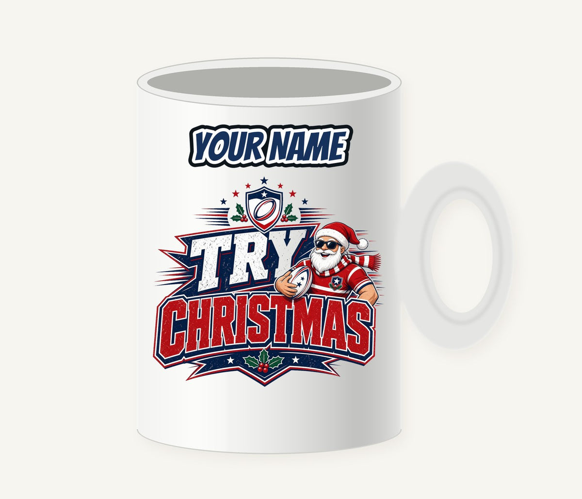 Try Christmas Rugby Santa Personalised Christmas Mug