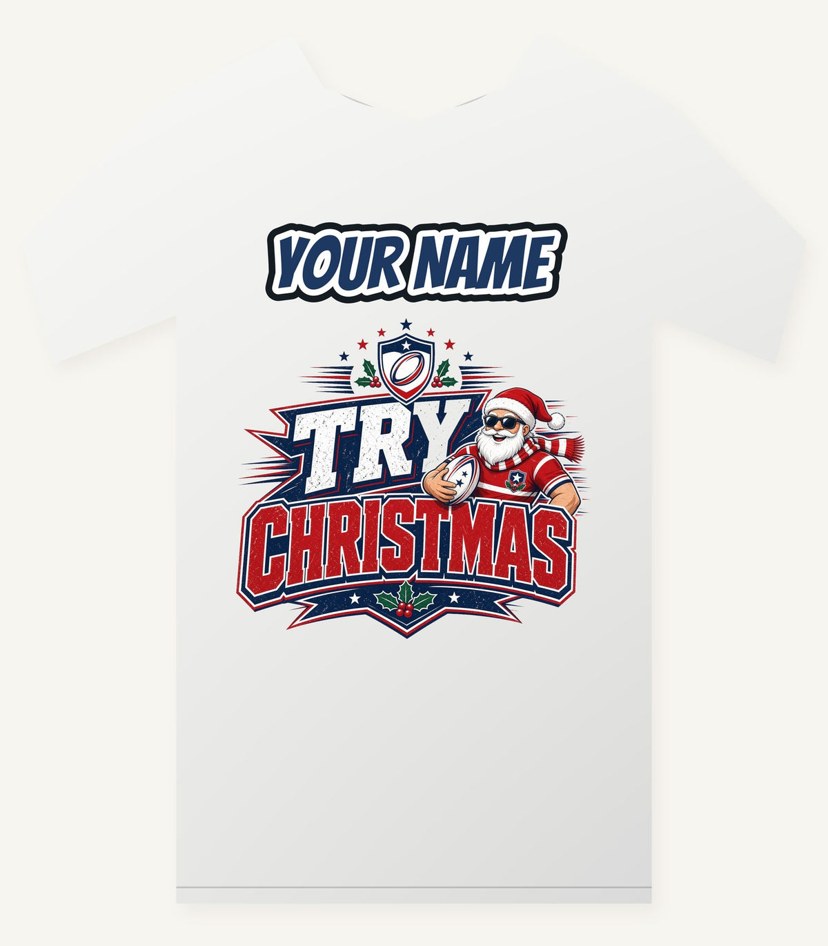 Try Christmas Rugby Santa Personalised Christmas T-Shirt and Hoodie