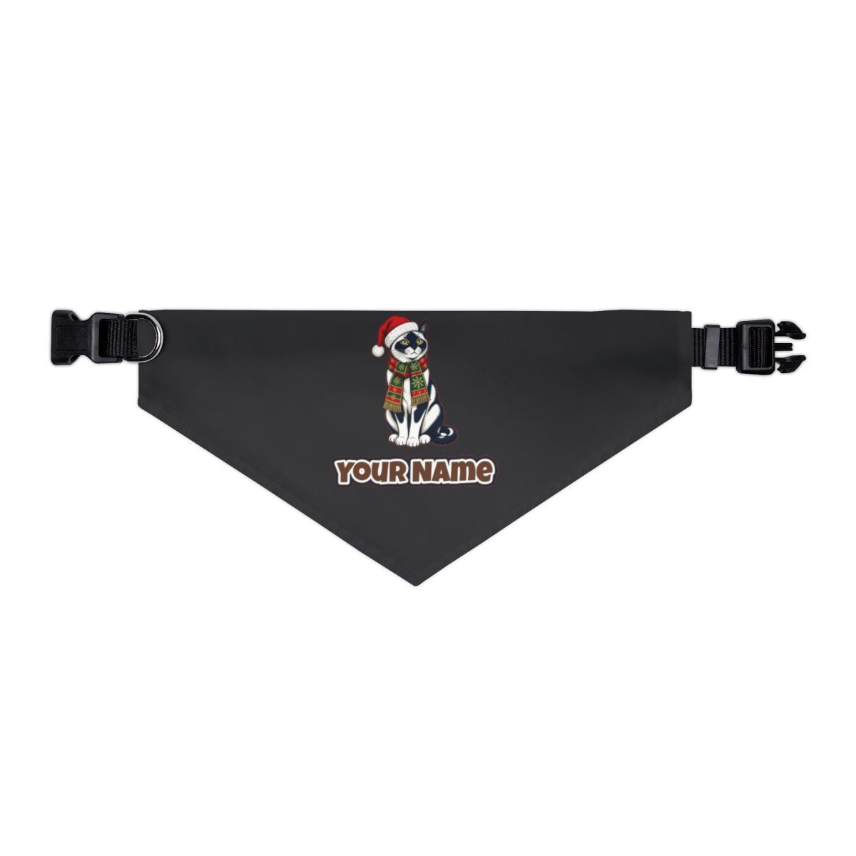 Tuxedo Cat in Santa Hat personalised Christmas pet bandana in black, collar with buckle