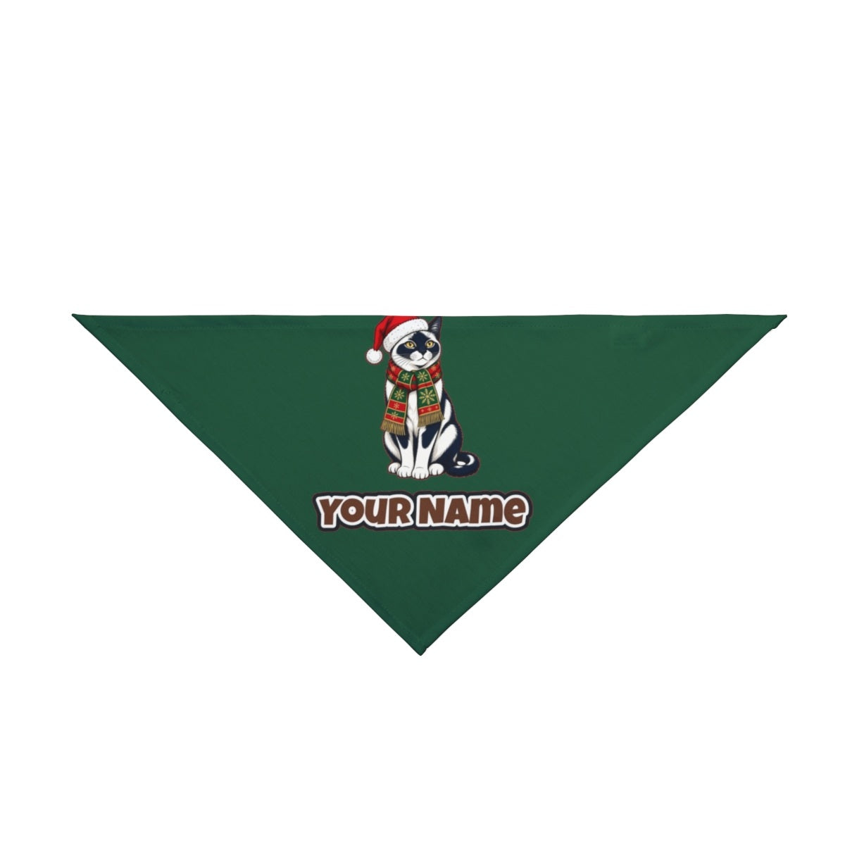 Tuxedo Cat in Santa Hat personalised Christmas pet bandana in green, tie-on style