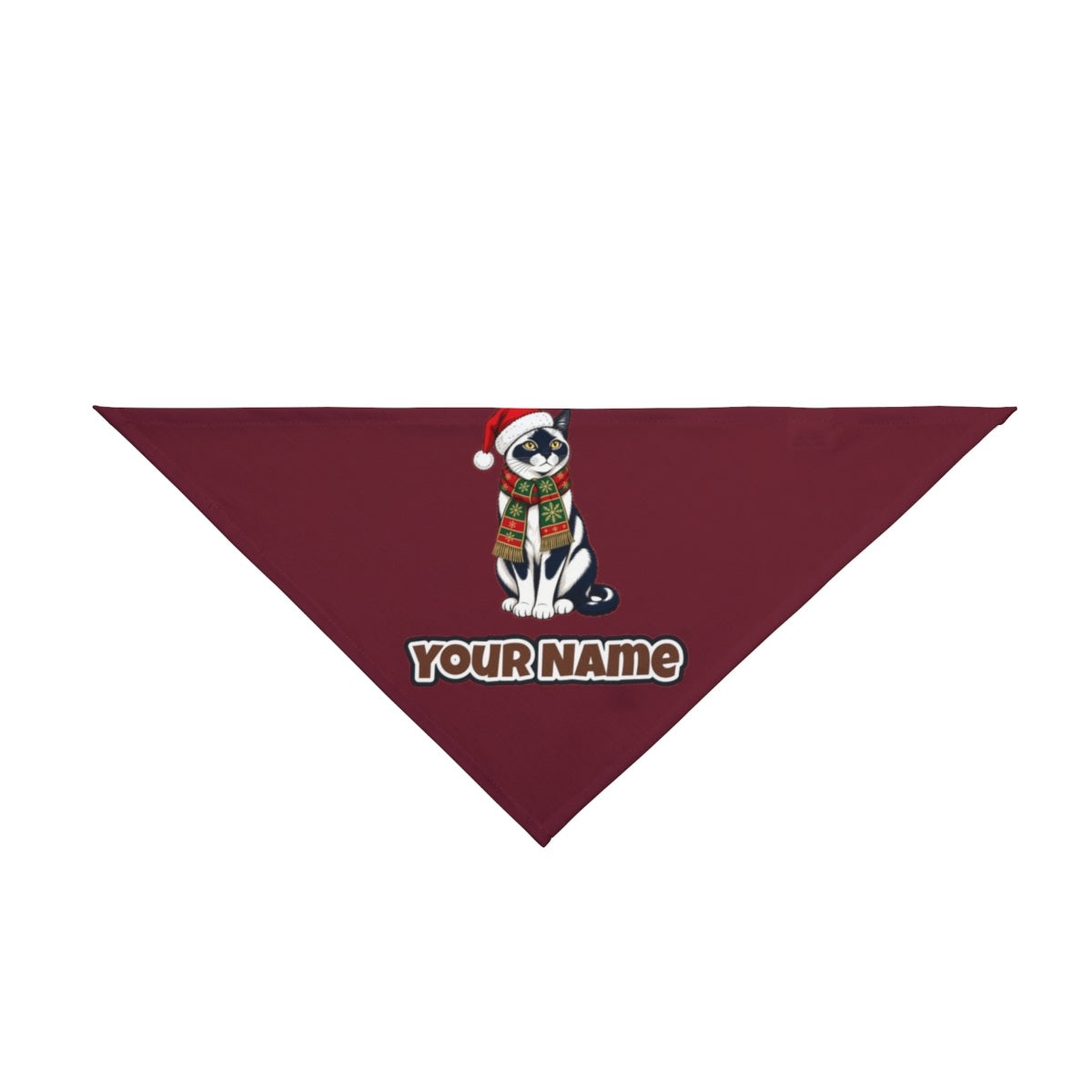 Tuxedo Cat in Santa Hat personalised Christmas pet bandana in maroon, tie-on style