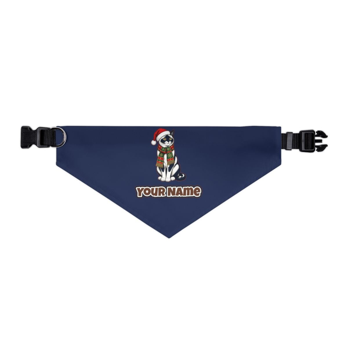 Tuxedo Cat in Santa Hat personalised Christmas pet bandana in navy, collar with buckle