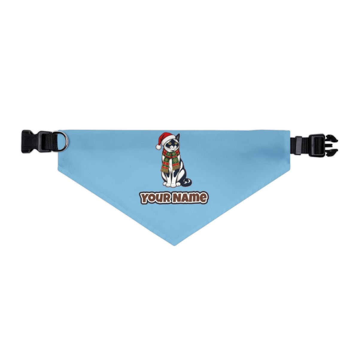Tuxedo Cat in Santa Hat personalised Christmas pet bandana in sky blue, collar with buckle