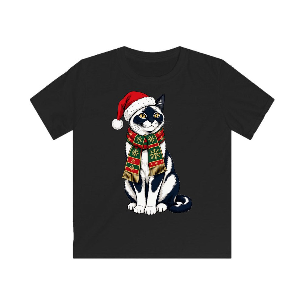 Tuxedo Cat in Santa Hat personalised kids Christmas tee in black