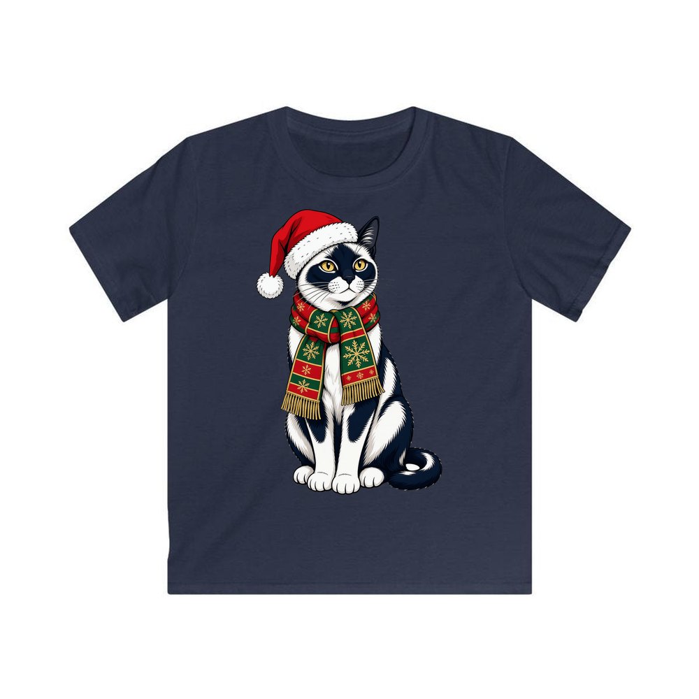 Tuxedo Cat in Santa Hat personalised kids Christmas tee in navy
