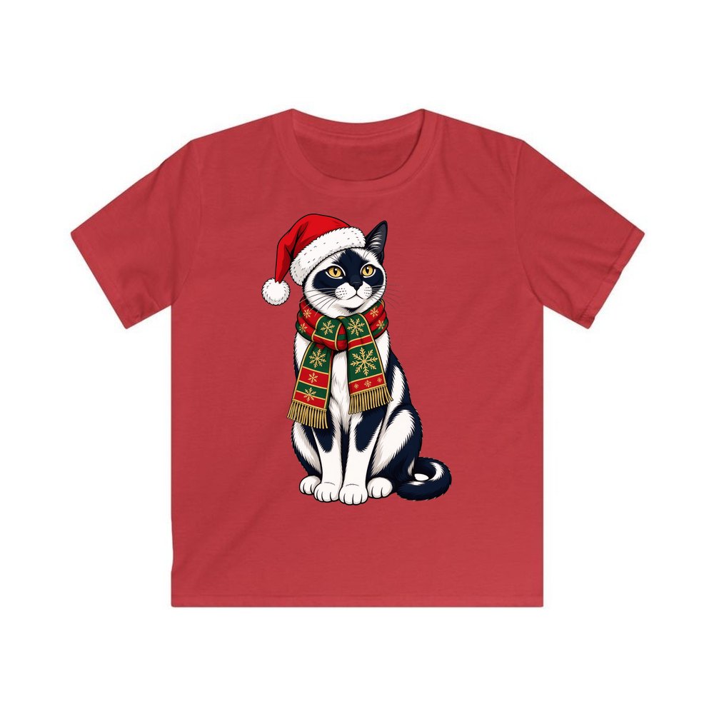 Tuxedo Cat in Santa Hat personalised kids Christmas tee in red