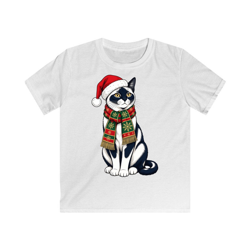 Tuxedo Cat in Santa Hat personalised kids Christmas tee in white
