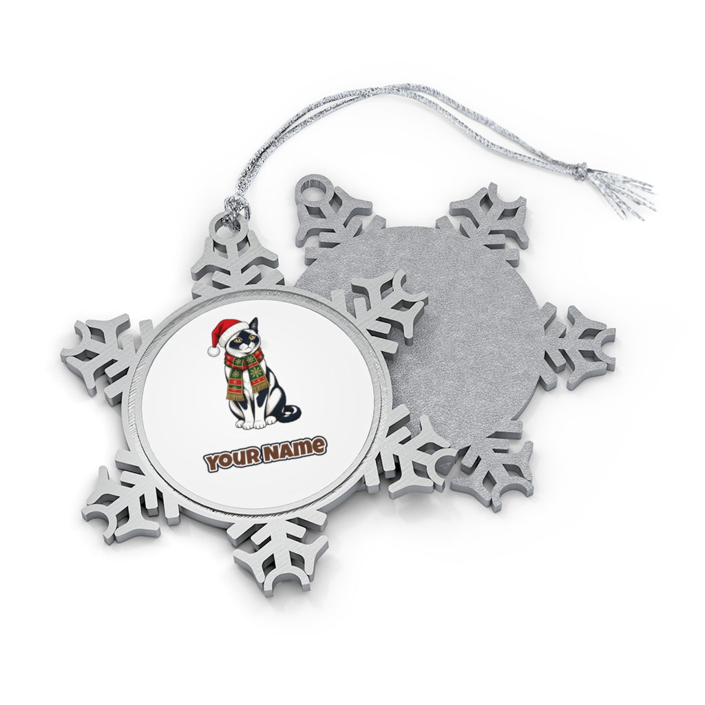 Tuxedo Cat in Santa Hat Personalised Pewter Christmas Ornament