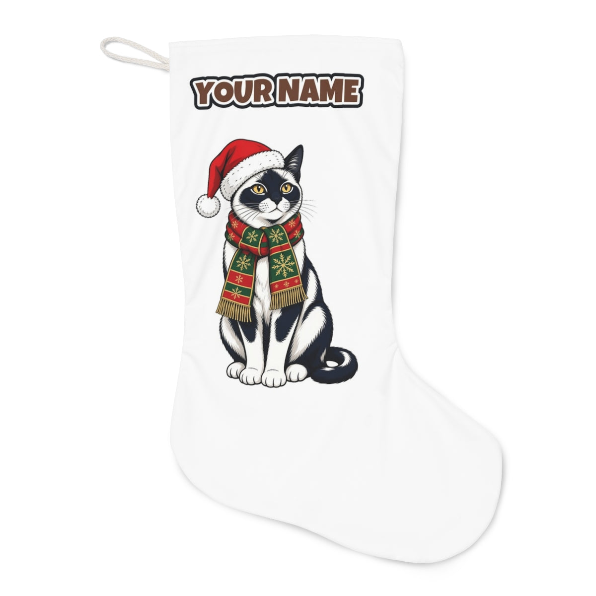 Tuxedo Cat in Santa Hat Christmas stocking laid flat, showing the full print