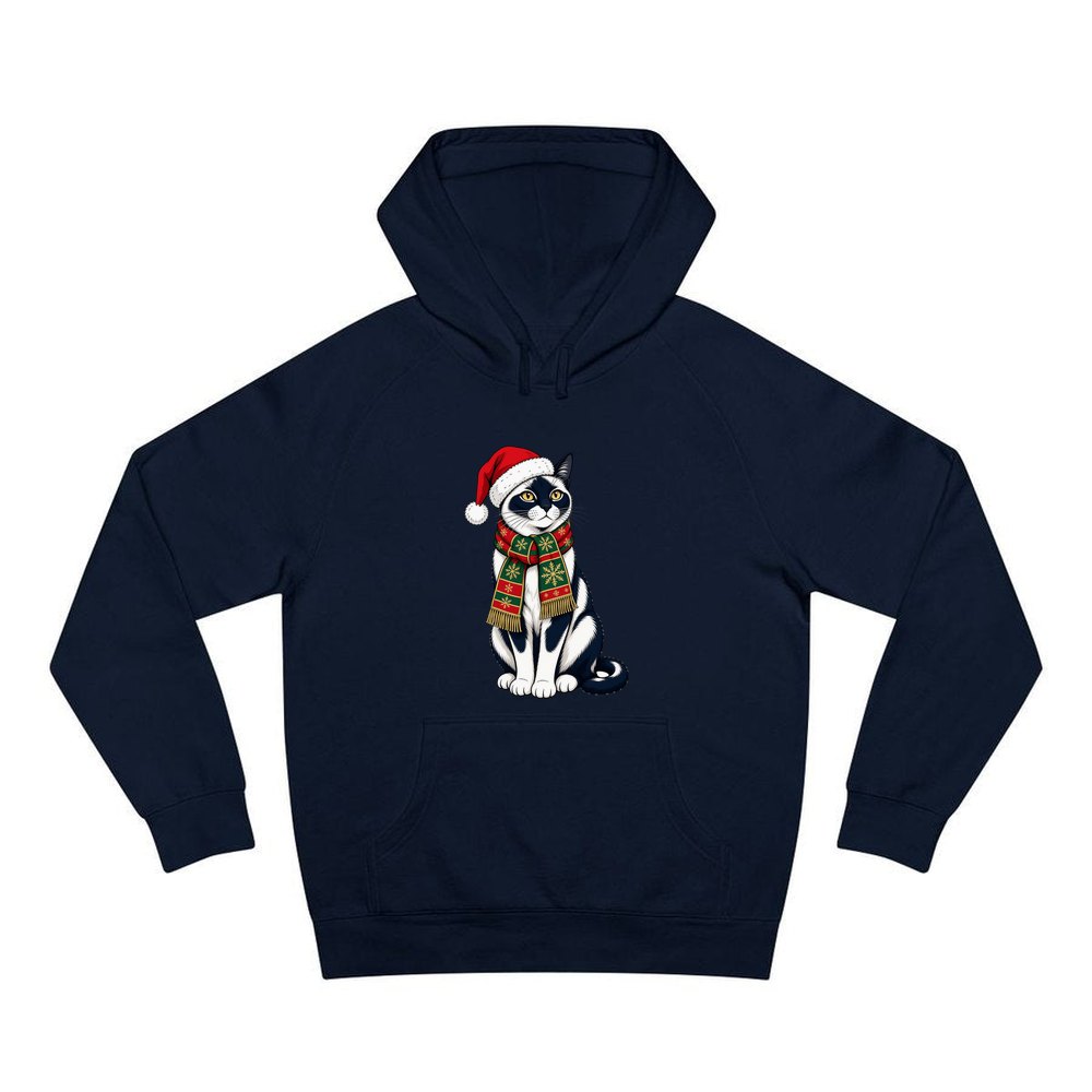 Tuxedo Cat in Santa Hat personalised Christmas hoodie in navy