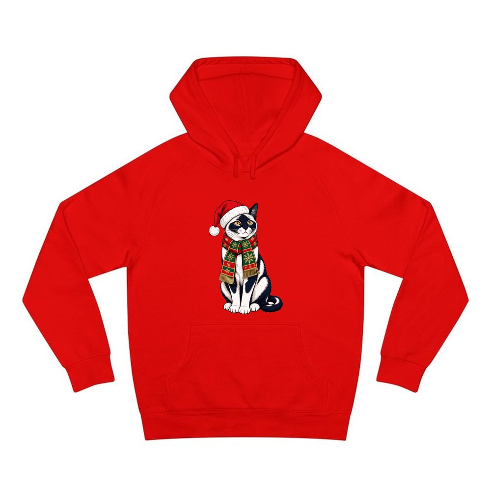 Tuxedo Cat in Santa Hat personalised Christmas hoodie in red