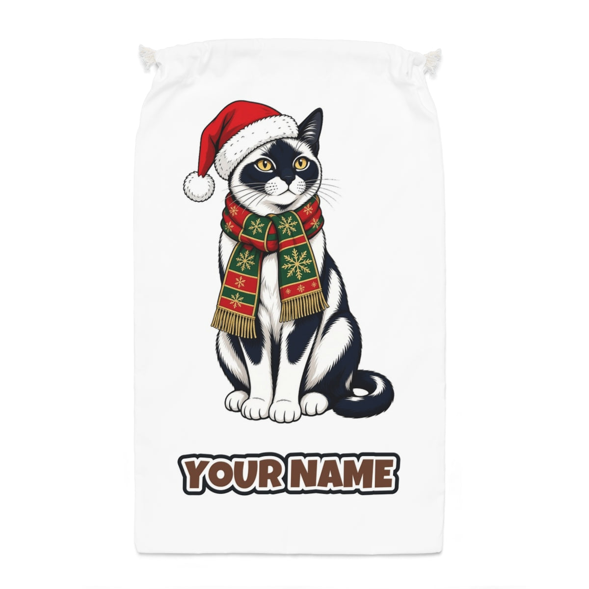 Tuxedo Cat in Santa Hat Santa sack laid flat, showing the full print