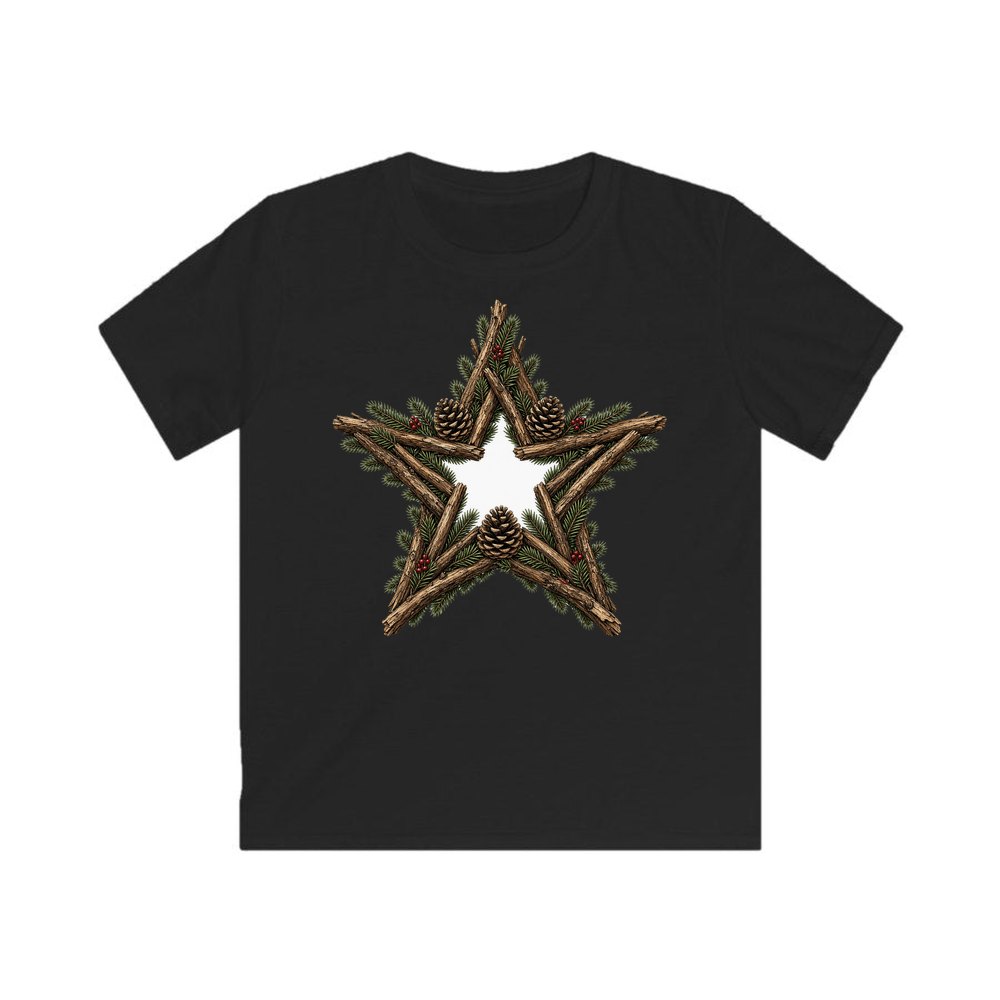 Twig Star With Pinecones personalised kids Christmas tee in black