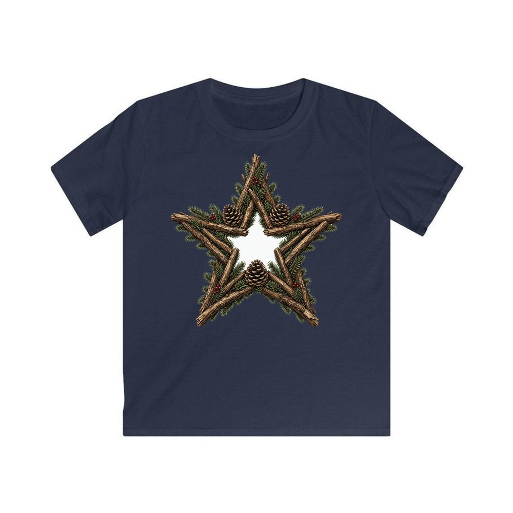Twig Star With Pinecones personalised kids Christmas tee in navy