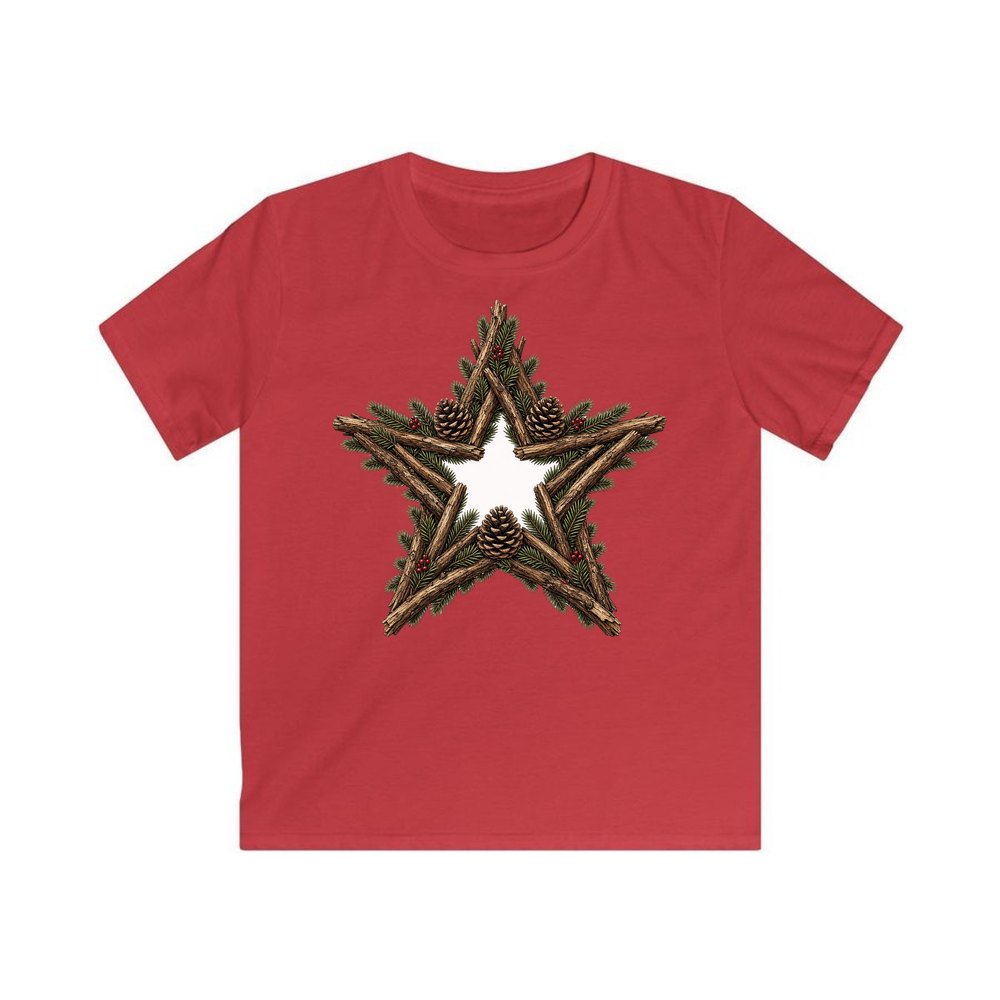 Twig Star With Pinecones personalised kids Christmas tee in red