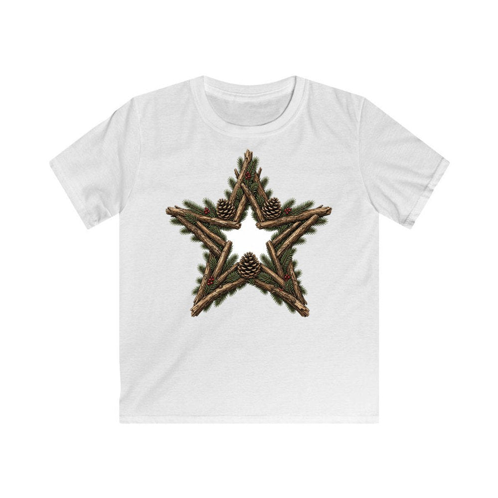 Twig Star With Pinecones personalised kids Christmas tee in white