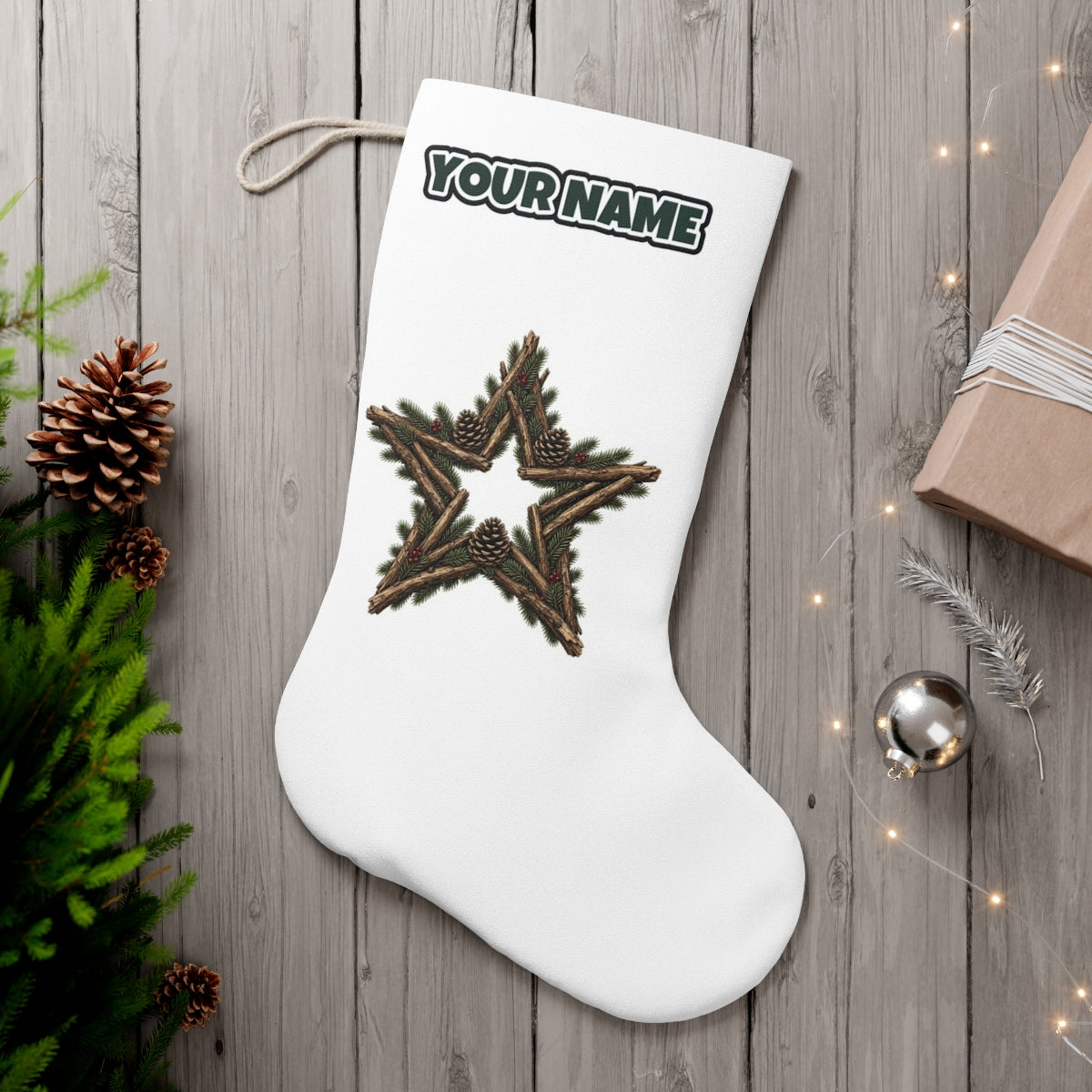 Twig Star With Pinecones personalised Christmas stocking, white, with the name across the top