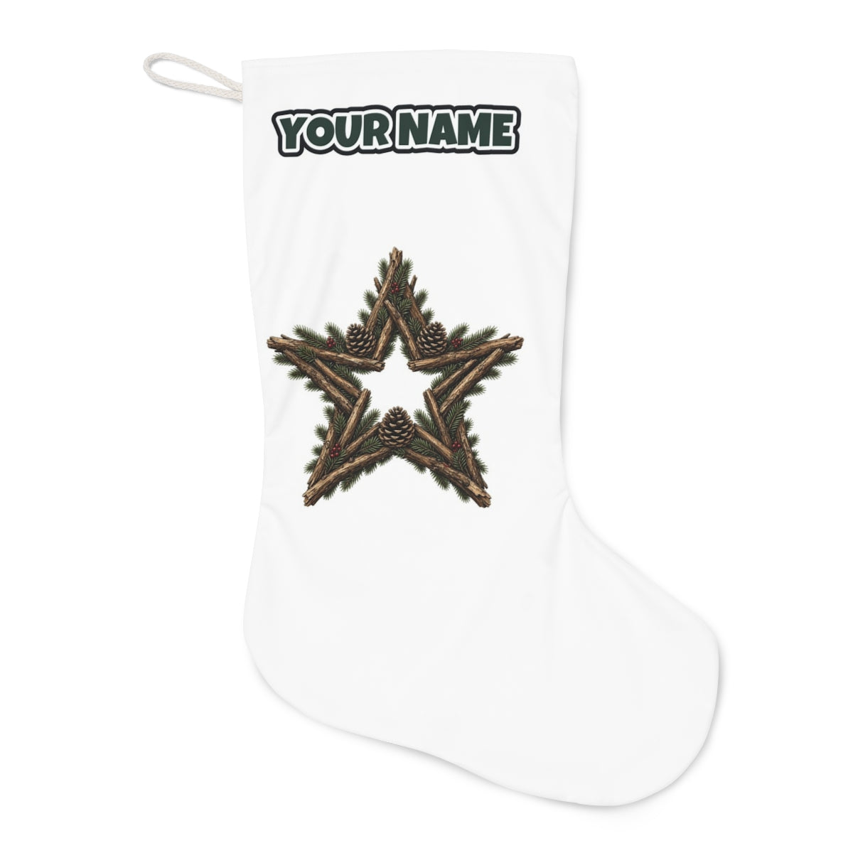 Twig Star With Pinecones Christmas stocking laid flat, showing the full print