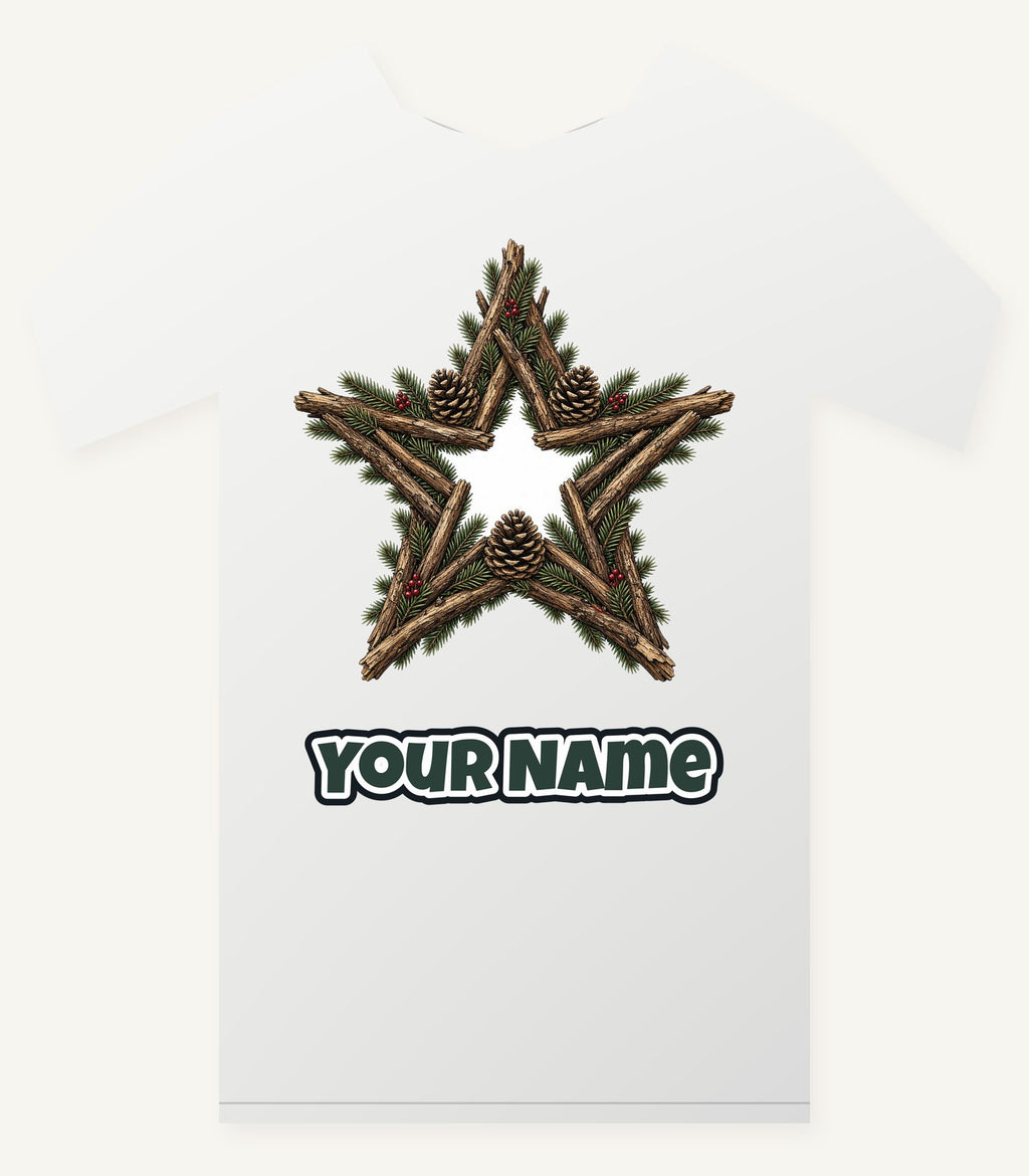 Twig Star With Pinecones Personalised Christmas T-Shirt and Hoodie
