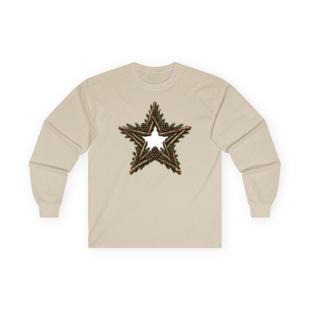 Twig Star With Pinecones personalised long sleeve Christmas T-shirt in sand
