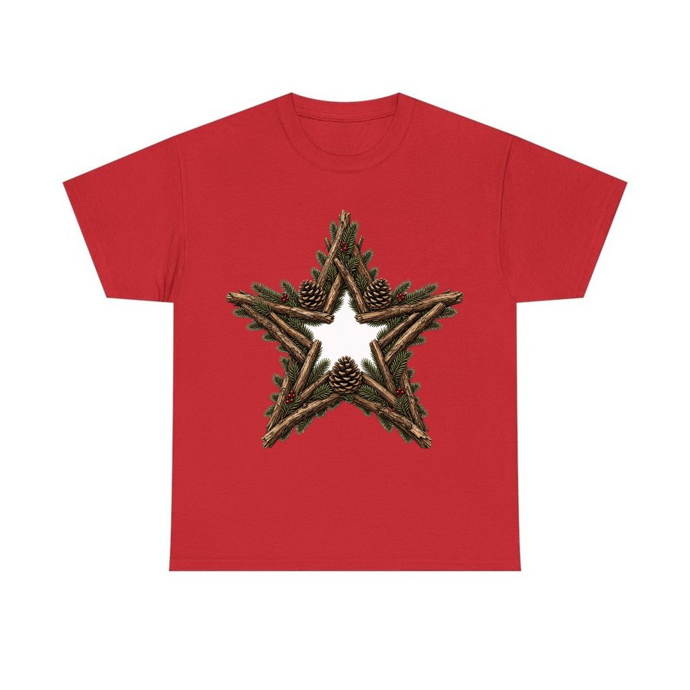 Twig Star With Pinecones personalised Christmas T-shirt in red