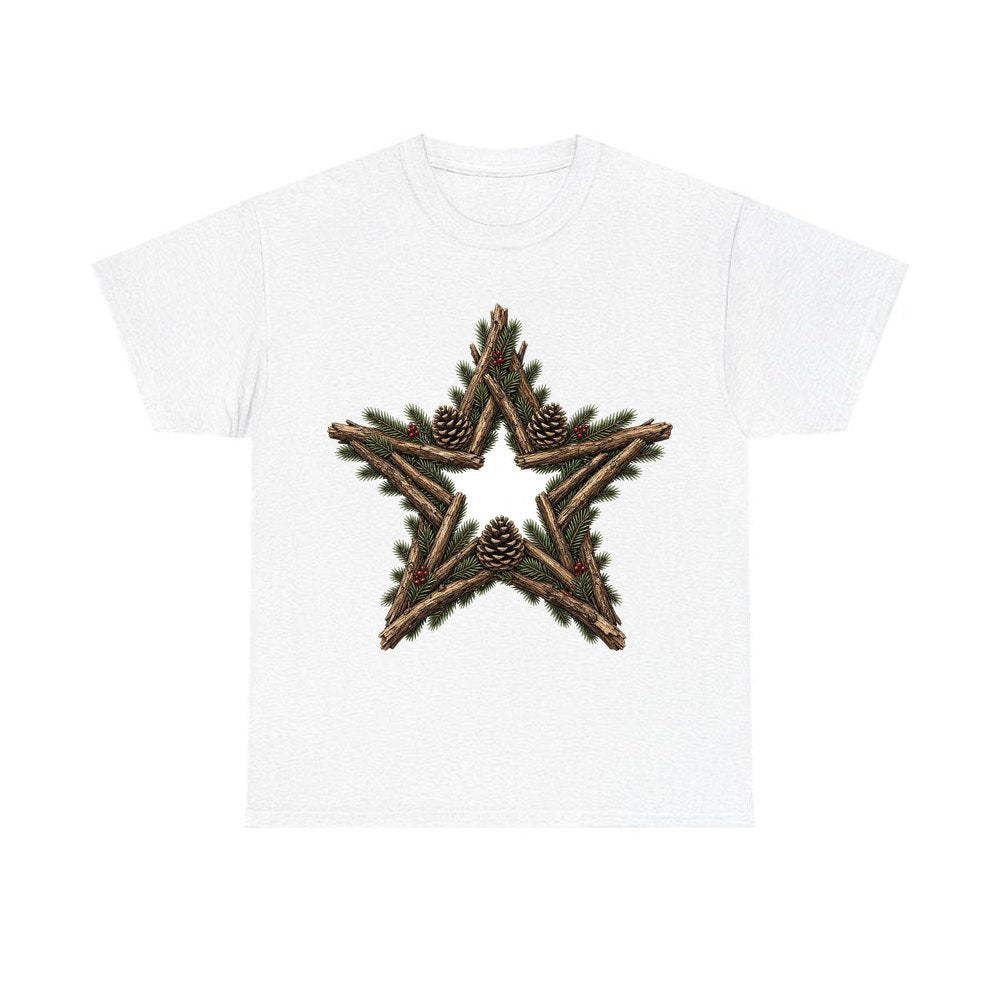 Twig Star With Pinecones personalised Christmas T-shirt in white