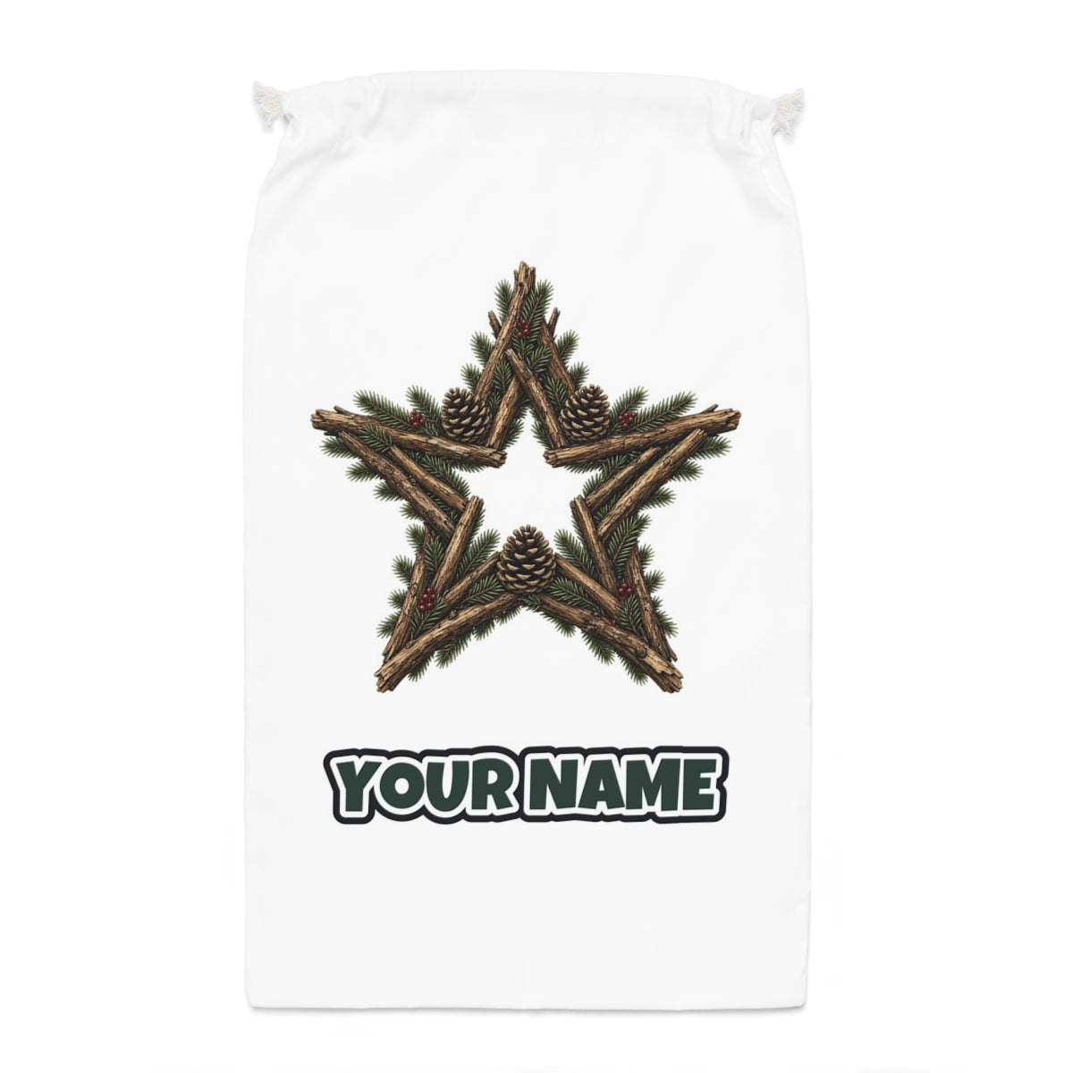 Twig Star With Pinecones Santa sack laid flat, showing the full print