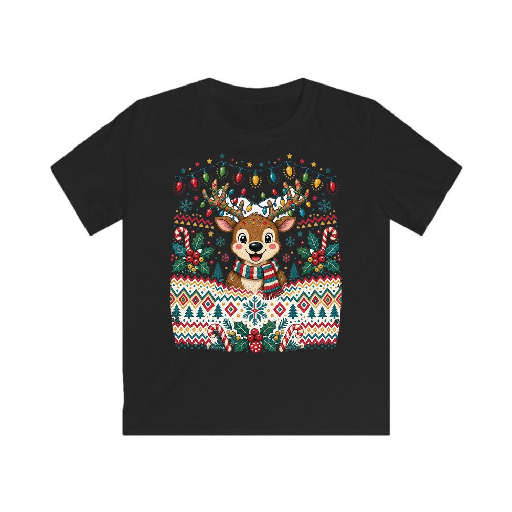 Ugly Christmas Jumper Reindeer personalised kids Christmas tee in black