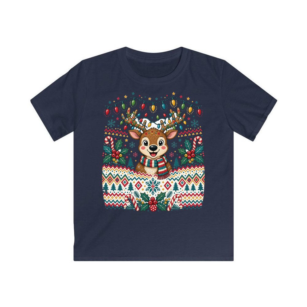 Ugly Christmas Jumper Reindeer personalised kids Christmas tee in navy