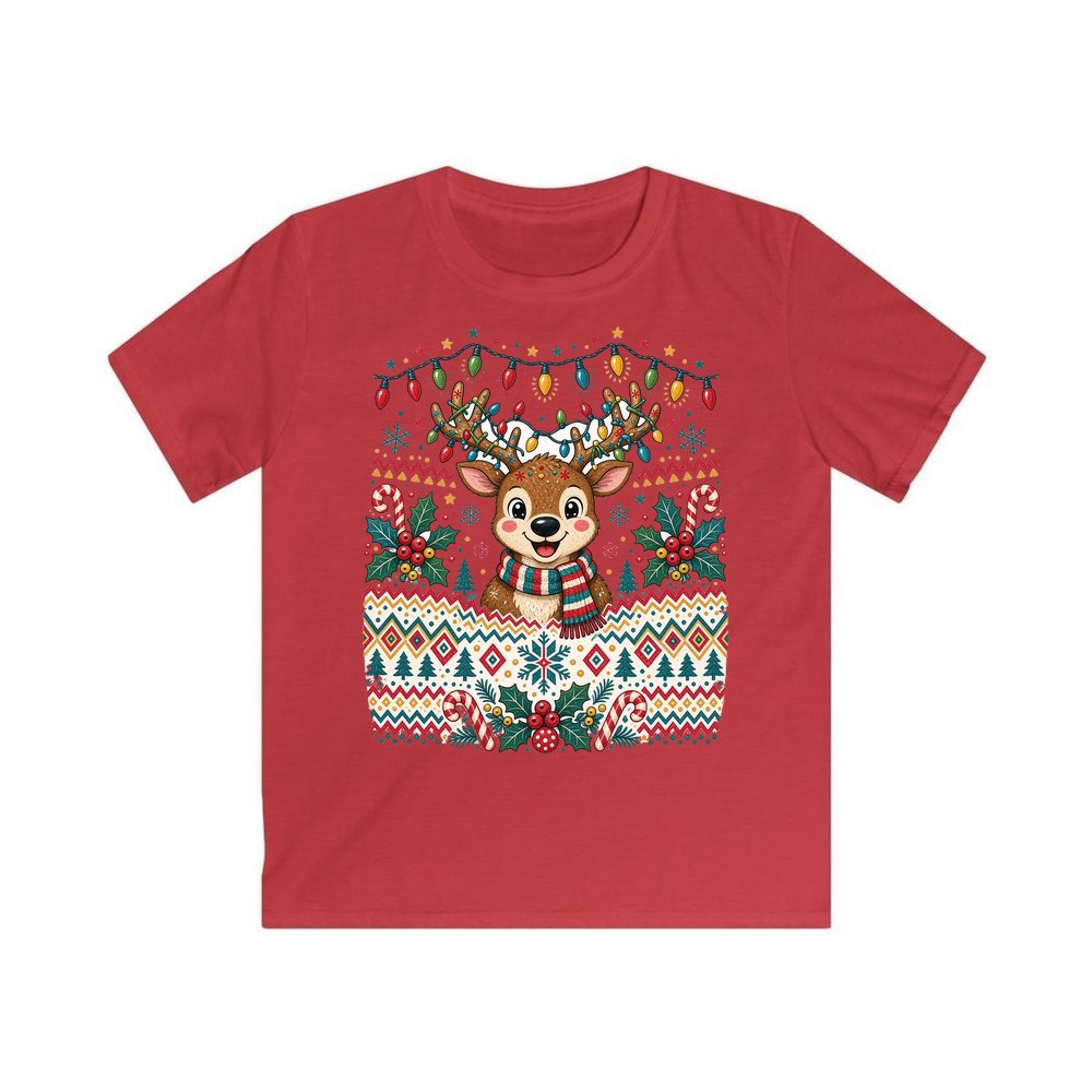 Ugly Christmas Jumper Reindeer personalised kids Christmas tee in red