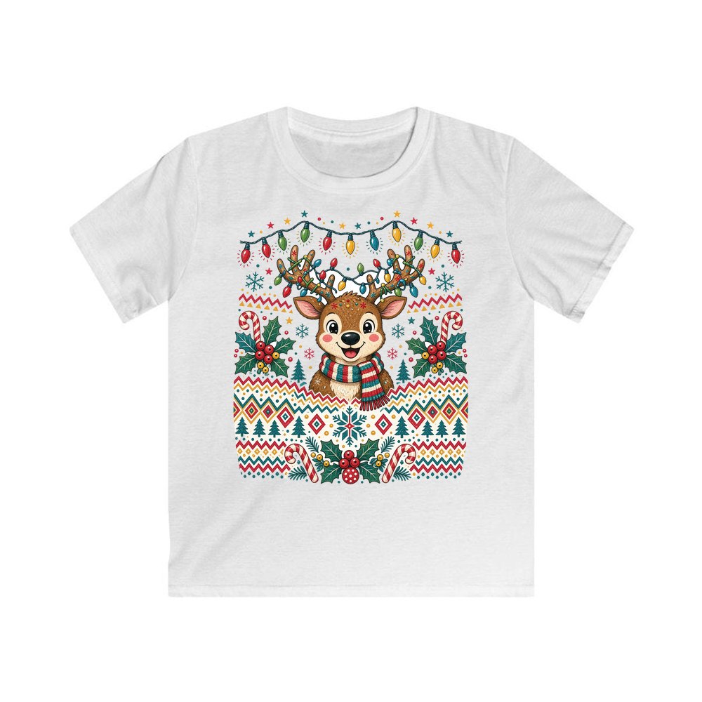 Ugly Christmas Jumper Reindeer personalised kids Christmas tee in white