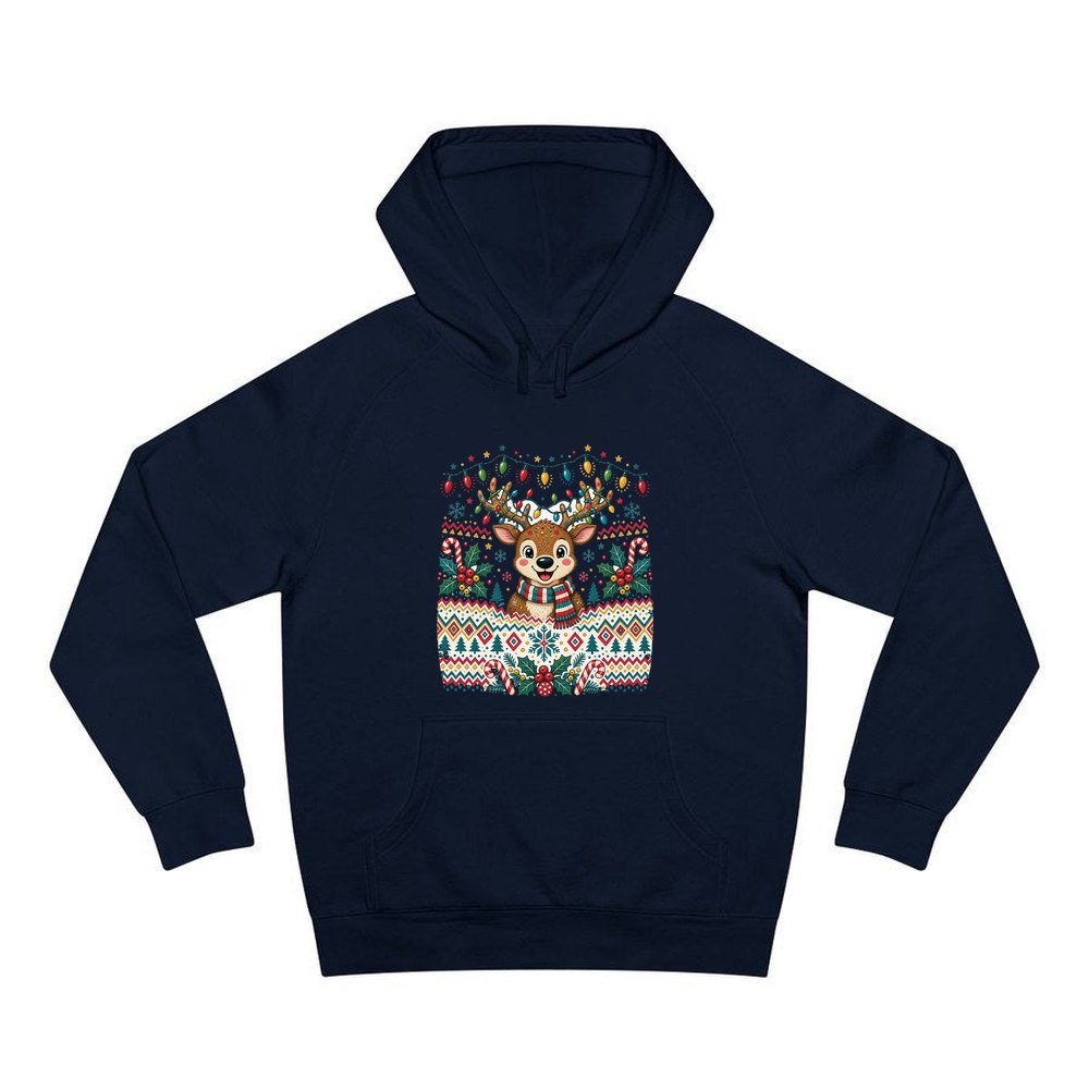 Ugly Christmas Jumper Reindeer personalised Christmas hoodie in navy