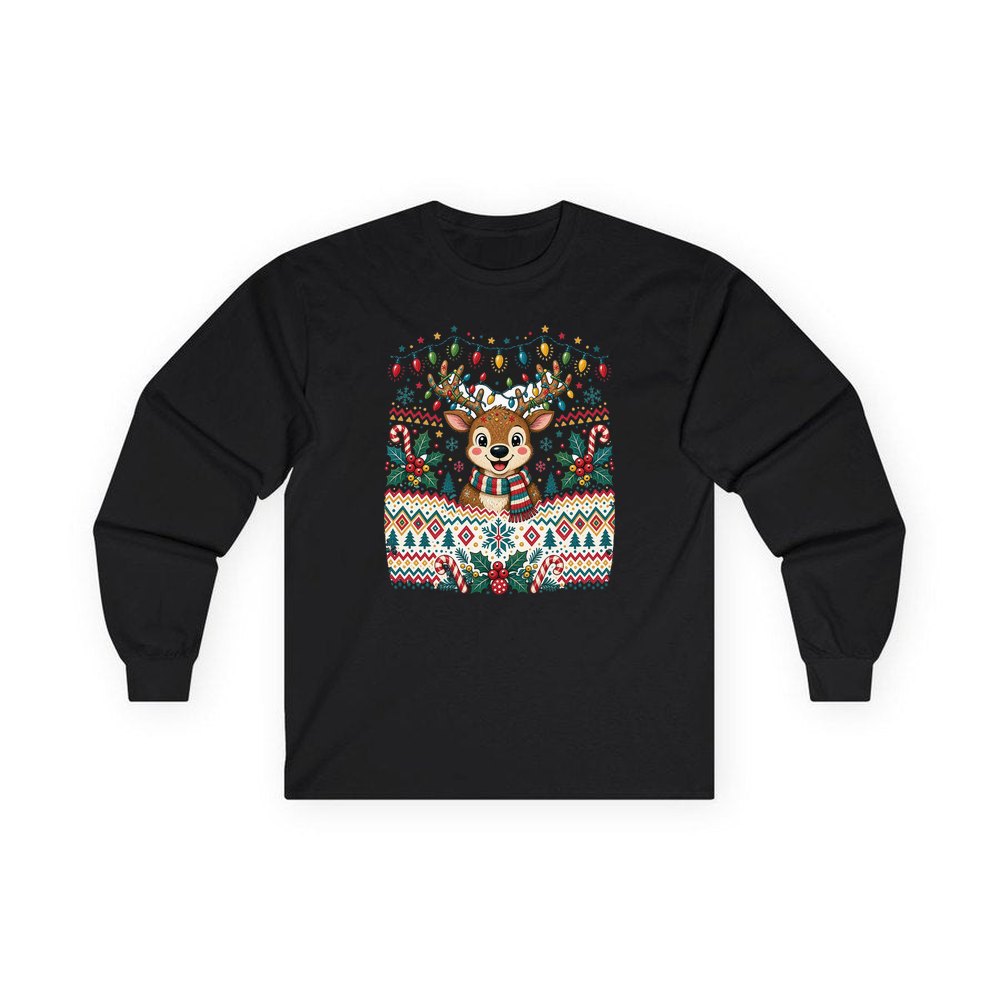 Ugly Christmas Jumper Reindeer personalised long sleeve Christmas T-shirt in black