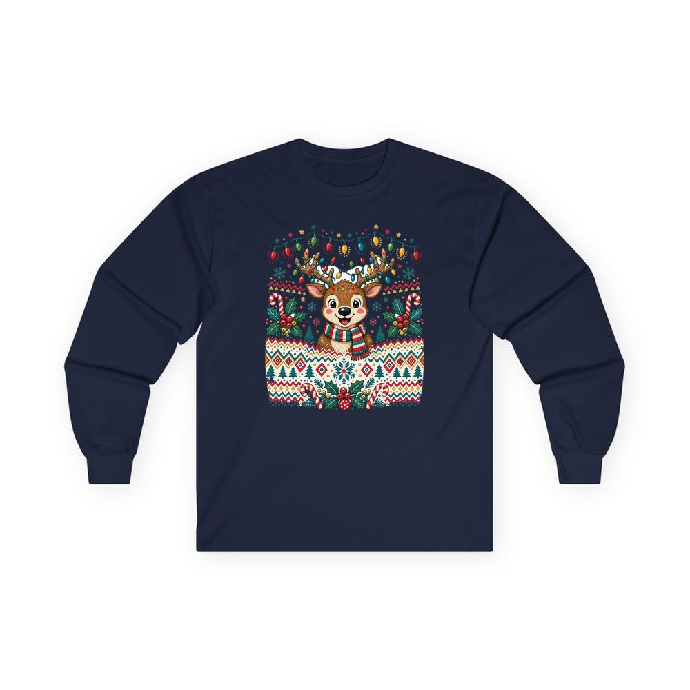 Ugly Christmas Jumper Reindeer personalised long sleeve Christmas T-shirt in navy